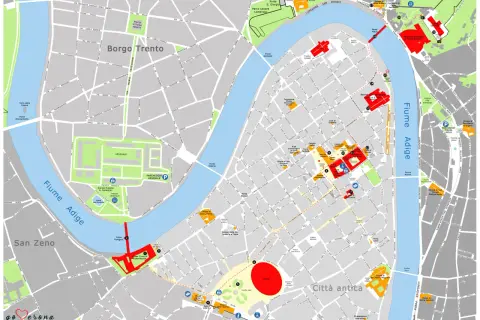 Mappa di Verona: scopri cosa vedere, dall'Arena al Ponte Pietra, passando per Castelvecchio e la Casa di Giulietta.