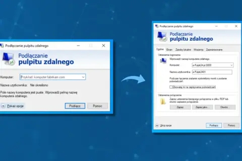 Dwa okna programu "Podłączanie pulpitu zdalnego" z różnymi polami wprowadzania danych.