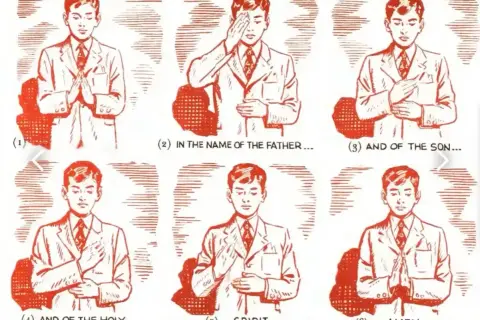 Ilustracja pokazuje chłopca w garniturze, jak uczy się przeżegnać. Kolejne etapy: złożone dłonie, dotknięcie czoła, klatki piersiowej, ramion i zakończenie modlitwy.