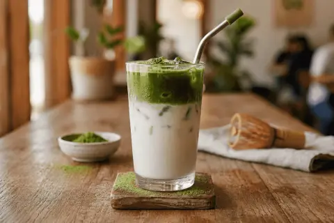 Erfrischender iced matcha mit Milch und Eis, daneben eine Schale Matcha-Pulver und ein Bambusbesen.