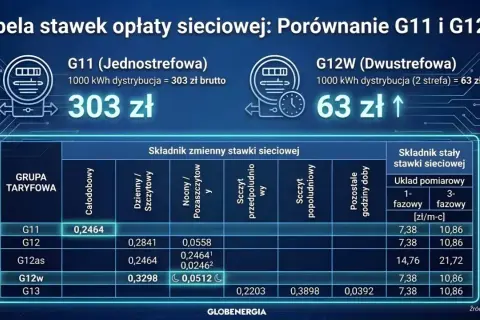 Porównanie taryf G11 i G12w: G11 kosztuje 303 zł za 1000 kWh, G12w 63 zł. Tabela stawek sieciowych.