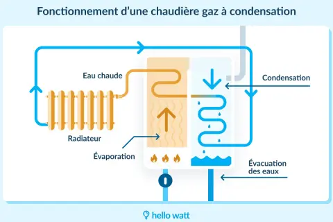 Schéma illustrant le fonctionnement d'une chaudière gaz à condensation : circulation de l'eau chaude vers le radiateur, évaporation, condensation et évacuation des eaux.