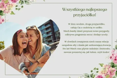 Wiersz dla najlepszej przyjaciółki: dwie uśmiechnięte kobiety, otoczone kwiatami, z życzeniami urodzinowymi.