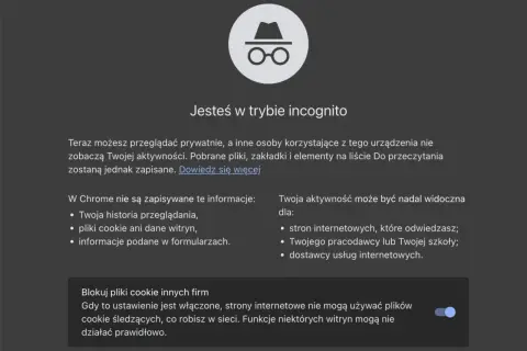 Ikona szpiega w okularach symbolizuje tryb incognito. Przeglądaj prywatnie, ale pamiętaj, że aktywność może być widoczna dla pracodawcy.