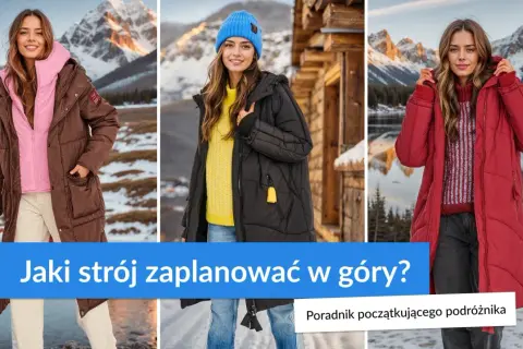 Trzy kobiety prezentują zimowy ubiór w góry: brązową, czarną i czerwoną kurtkę puchową. Idealny strój na górską wyprawę.
