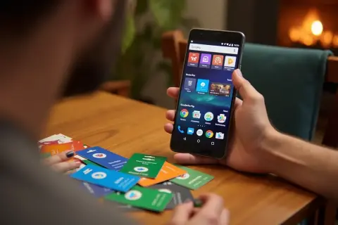 Chcesz wiedzieć, jak doładować konto Google Play Blikiem? Na stole leżą karty podarunkowe, a w ręce trzymasz smartfon z otwartą aplikacją Google Play.