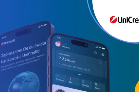 Dwa smartfony prezentujące aplikację bankową UniCredit. Jeden ekran zaprasza do świata bankowości, drugi pokazuje saldo konta.