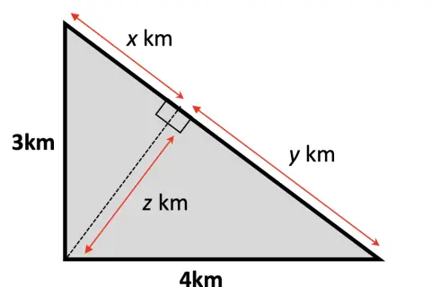 Trójkąty specjalne: prostokątny o bokach 3km i 4km, z wysokością z km i podziałem przeciwprostokątnej na x km i y km.