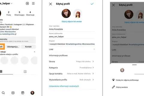 Ekran edycji profilu na Instagramie. Widzisz opcje zmiany zdjęcia, nazwy, biogramu i linków, co jest kluczowe, gdy zastanawiasz się, jak założyć Instagram.