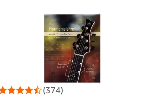 Buchcover "Harmonielehre" zeigt Gitarrenhals mit Markierungen für Ganzton- und Halbtonschritt.