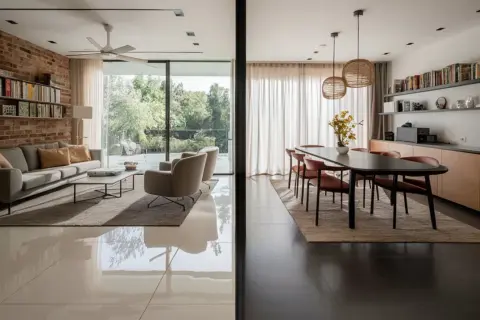 Salon et salle à manger modernes. Le carrelage clair au sol, posé dans le sens de la lumière, agrandit visuellement l'espace.
