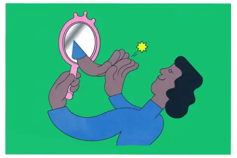 Une personne se regarde dans un miroir, découvrant une partie d'elle-même. C'est le début du "connais toi toi même".