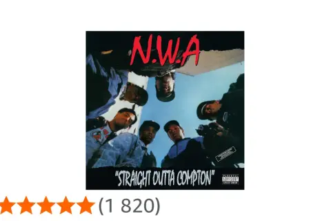 N.W.A. z albumem "Straight Outta Compton", ikoniczna okładka z członkami zespołu patrzącymi z góry.