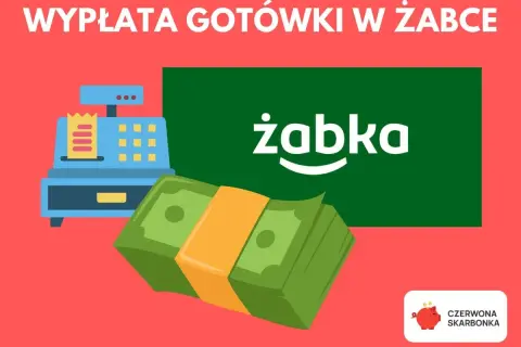 Wypłata gotówki w Żabce jest możliwa. Grafika przedstawia kasę fiskalną, banknoty i logo Żabki.