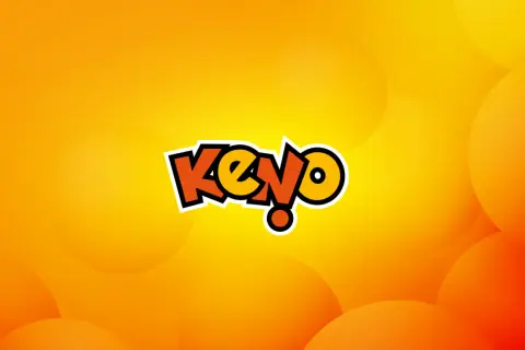 Logo "Keno!" na pomarańczowym tle z okręgami. Ciesz się emocjami keno na żywo!