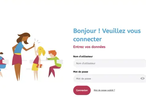 Page de connexion Snappet avec un formulaire demandant nom d'utilisateur et mot de passe. Des enfants et un enseignant sont représentés.