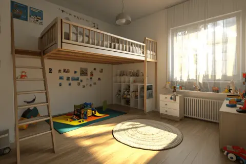 Spielzimmer mit Hochbett, Rutsche und vielen Spielsachen. Tolle kinder ideen unterm hochbett für Abenteuer.