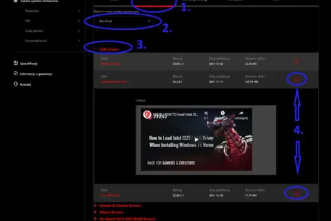 Jak zaktualizować sterowniki karty sieciowej Windows 10: wybierz "Sterownik", system "Win10 64", a następnie "LAN Drivers" i pobierz plik.