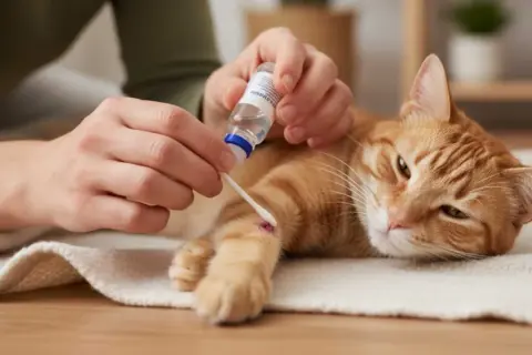 Persona aplica un antiséptico a una herida en la pata de un gato. Se observan varios tipos de heridas en gatos, y esta es una de ellas.
