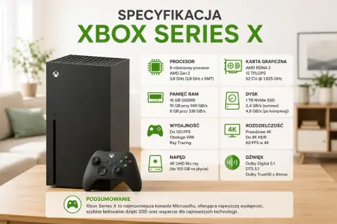 Xbox Series X z kontrolerem na stole, obok ikony specyfikacji technicznych.