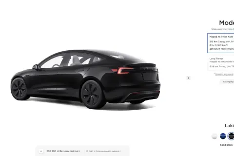 Czarna Tesla Model 3 widziana z tyłu i z boku.