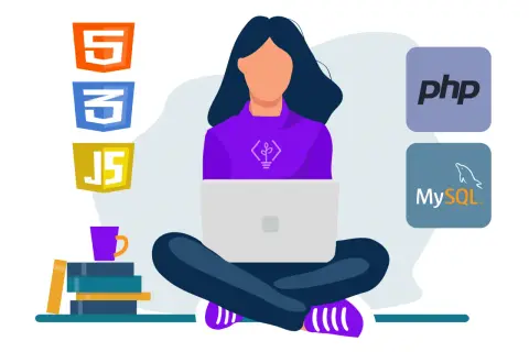 Une développeuse travaille sur son ordinateur portable, entourée des logos HTML5, CSS3, JavaScript, PHP et MySQL.
