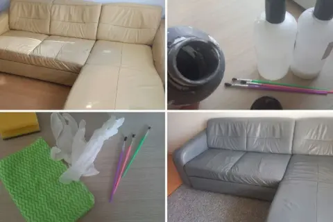 Przed i po metamorfozie kanapy. Samodzielne obicie kanapy z beżowej na szarą, z użyciem farby i akcesoriów.