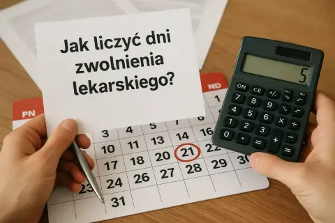 Ręce trzymają kartkę z pytaniem "Jak obliczyć chorobowe?". Obok leży kalendarz z zaznaczonym dniem 21 i kalkulator.