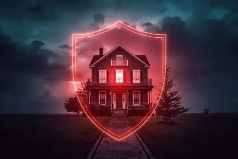 Dom pod neonową tarczą symbolizującą ubezpieczenie mieszkania od ognia i innych zdarzeń losowych. Mroczne, burzowe niebo.