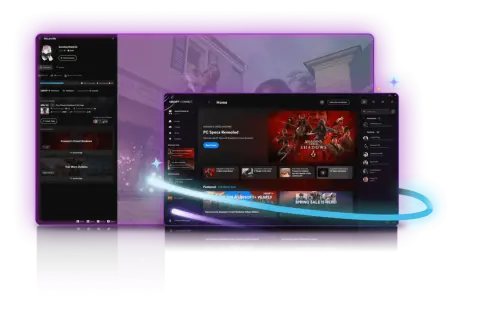 Interfejs Ubisoft Connect z grą Assassin's Creed Shadows na pierwszym planie. Widoczne menu profilu, lista znajomych i promocje.