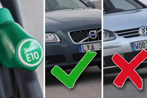 Grön pump med "Super E10" och en Volvo med bock, bredvid en VW med kryss. Välj rätt bränsle för din bil, e5 e10 bensin eller diesel.