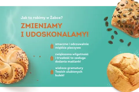 Bułki z ziarnami i dynią na tle grafiki z tekstem.