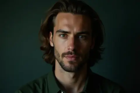 Junger Mann mit langem, welligem Haar und einem lässigen bro flow. Seine Geheimratsecken sind dezent, was seinem Gesicht einen markanten Ausdruck verleiht.