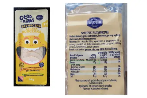Szyneczka z fileta kurczaka "Głodniaki". Na opakowaniu widnieje informacja o wartościach odżywczych, w tym ile **kalorii co to** jest w 100g produktu.
