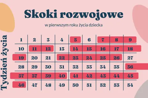 Tabela "Skoki rozwojowe w pierwszym roku życia dziecka" z zaznaczonymi tygodniami.