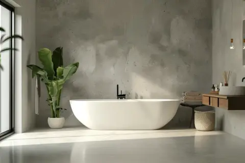 Un moderno bagno in resina con vasca freestanding, lavabo in pietra e dettagli in legno. Luce naturale inonda lo spazio.