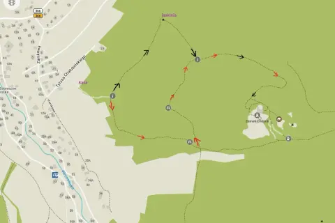 Mapa turystyczna z zaznaczoną trasą do jaskini i Zamku Chojnik.