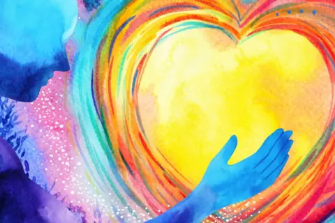 Un cuore luminoso circondato da colori vibranti, con una mano blu che lo accarezza. Simboleggia il chakra verde, il centro dell'amore e della guarigione.