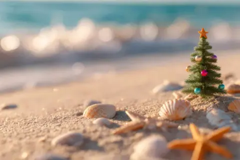 Ein kleiner Weihnachtsbaum mit bunten Kugeln und einem Stern steht am Strand. Perfekt für alle, die im Dezember Sonne statt Schnee suchen.