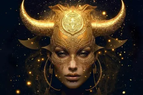 Złota maska z rogami byka, niczym symbol zodiaku, otacza twarz kobiety.