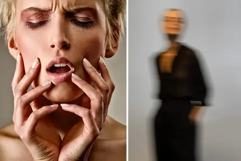 Dwie twarze: zbliżenie na usta i dłonie modelki, obok rozmyta postać. Podstawowe zasady fotografii portretowej.