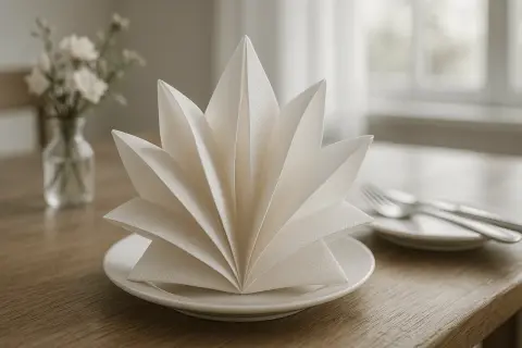 Une serviette en papier pliée en accordéon sur une assiette, prête pour un repas. Un bouquet de fleurs est visible en arrière-plan.