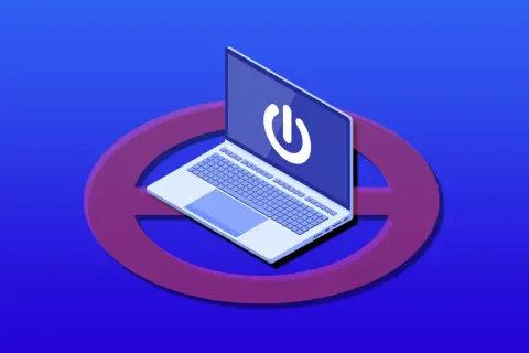 Laptop z symbolem zasilania na ekranie, otoczony przekreślonym okręgiem, na niebieskim tle.