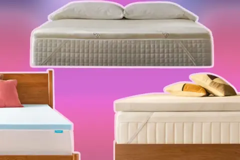 Exploring different types of mattress toppers: a plush white one with pillows, a blue one on a wooden bed, and a cream-colored one with decorative pillows.