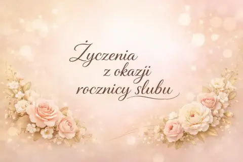 Eleganckie życzenia z okazji rocznicy ślubu, ozdobione pastelowymi różami i delikatnymi światłami.