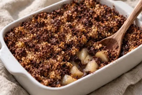 Un délicieux crumble poire chocolat, avec des morceaux de poires fondantes sous une croûte croustillante au cacao. Une cuillère en bois est plantée dans ce dessert gourmand.