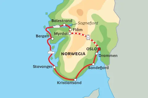 Mapa Norwegii z zaznaczoną trasą podróży, która obejmuje m.in. Bergen, Stavanger, Kristiansand, Sandefjord, Drammen i Oslo.
