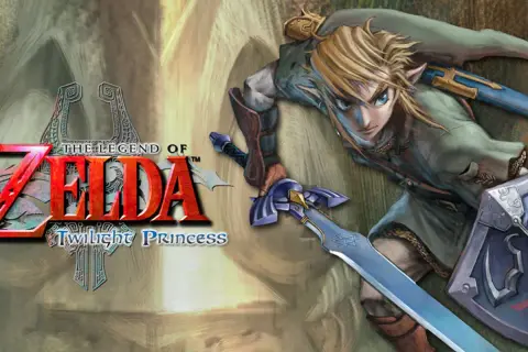 Link z mieczem i tarczą, gotowy do walki w grze The Legend of Zelda: Twilight Princess na Switch.