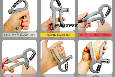 See how hand grippers work with different grips: crush, thumb & index, supported finger, thumb & middle, palm & last three, and thumb & last two fingers.