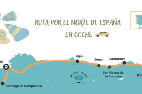 Mapa de una ruta en coche por el norte de España en verano, con paradas en La Coruña, Santiago de Compostela, Gijón, Llanes, Santander, San Vicente de la Barquera y Bilbao.